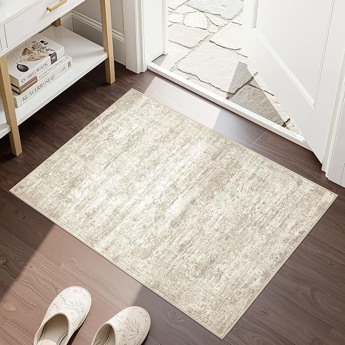 DMOYEST 2x3 Entryway Area Rug: Washable Neutral Modern Abstract Small Rug - Non-Slip Low Pile Throw Indoor Carpet for Entrance Kitchen Front Door Mat Bathroom Entry Kids Room - Vintage Beige