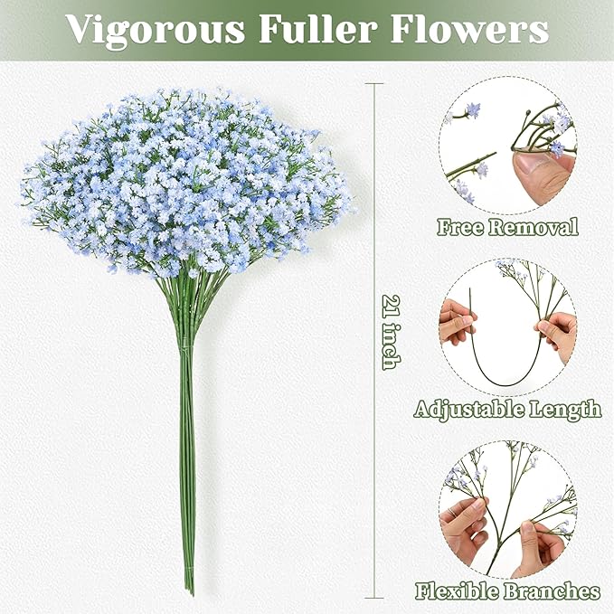 Yastouay Babys Breath Artificial Flowers, 30 Pcs Blue Baby Breath Flowers Artificial Bulk, Real Touch Fake Babys Breath Gypsophila for Wedding Party Bouquet Floral Arrangement Home Decor