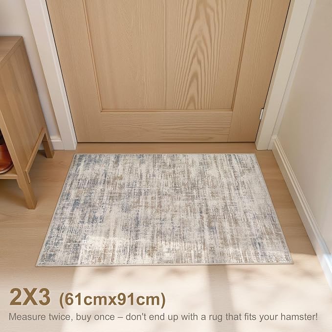 UERMEI 2x3 Washable Entryway Area Rug: Neutral Abstract Small Floor Carpet Soft Low Pile Non Slip Indoor Door Mat for Kitchen Hallway Stain Resistant for Pets and Kids Room Brown