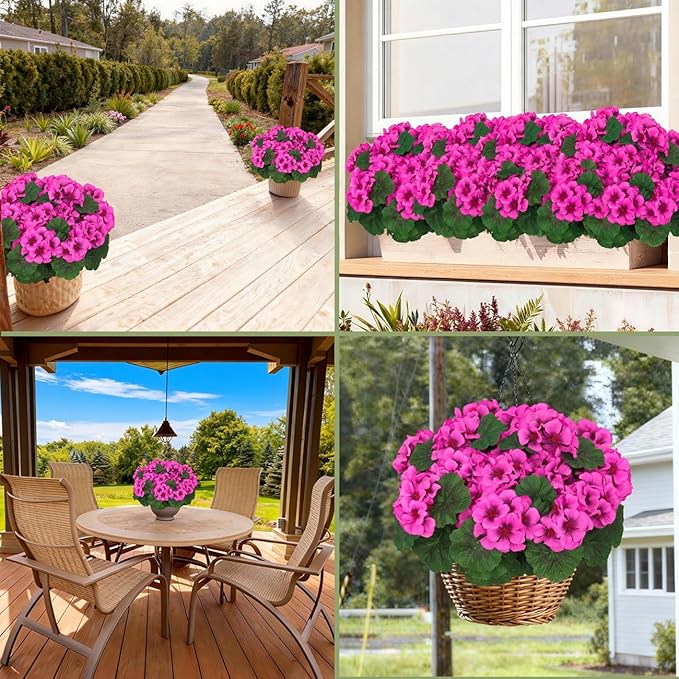 8 Pcs Artificial Geraniums Flowers for Outdoor Spring Summer Decor UV-Resistant & Realistic Silk Faux Plants for Garden Porch Patio Yard Balcony Home Kitchen Table Decoration, Rose Pink