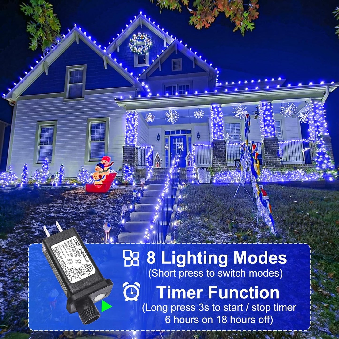 Christmas Lights Outdoor, 262FT 800 LED Christmas String Lights 8 Modes, Green Wire Waterproof Twinkle Tree Light for Indoor House Yard Patio Wedding Holiday Decorations, Blue