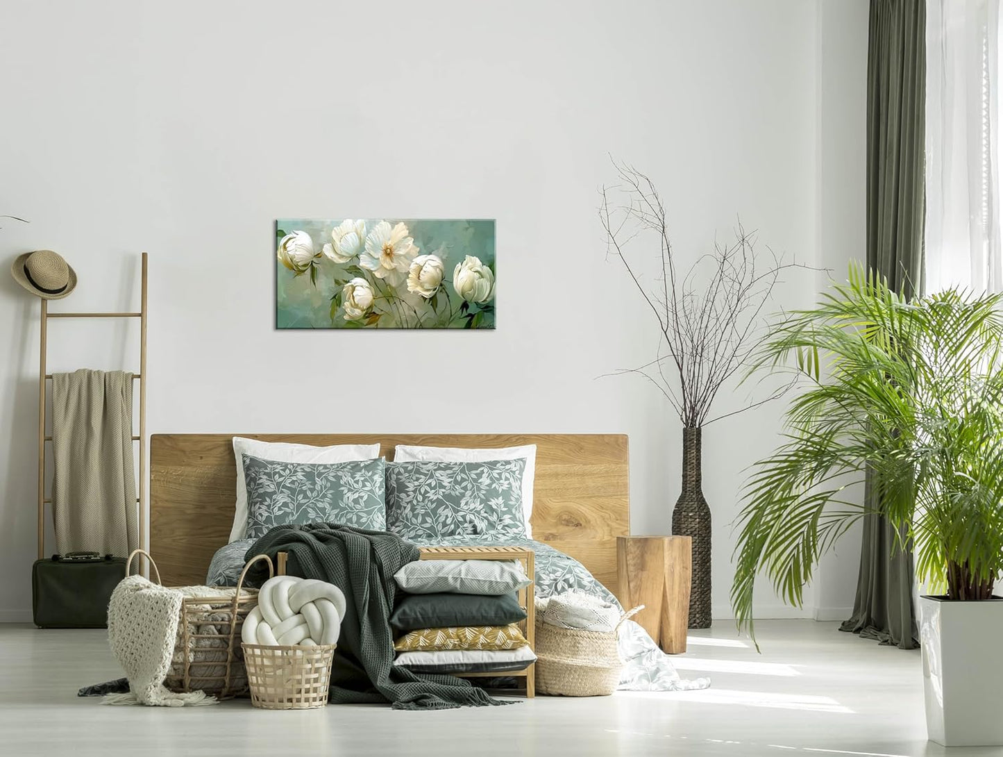 LASMOND Blooming White Flowers Plants Wall Art Decor Artwork for Bedroom (20x40 Inches)