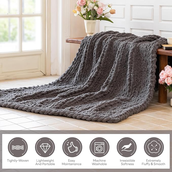 Chunky Knit Blanket - Luxury Soft Cozy 60 * 80 Throw Blanket,100% Woven Blanket Rope Knot Throw Blanket for Couch, Sofa, Home Decor, Gift - Machine Washable (Black Gray, 60 * 80)