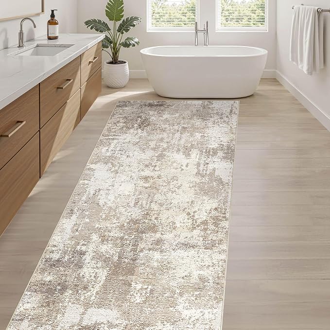 Runner Rug Kitchen Washable Rugs: 3x10 Non-Slip Abstract Soft Modern Stain Resistant Indoor Floor Neutral Accent Throw Carpet for Hallway Bathroom Laundry Room Entryway Bedroom- Beige Brown