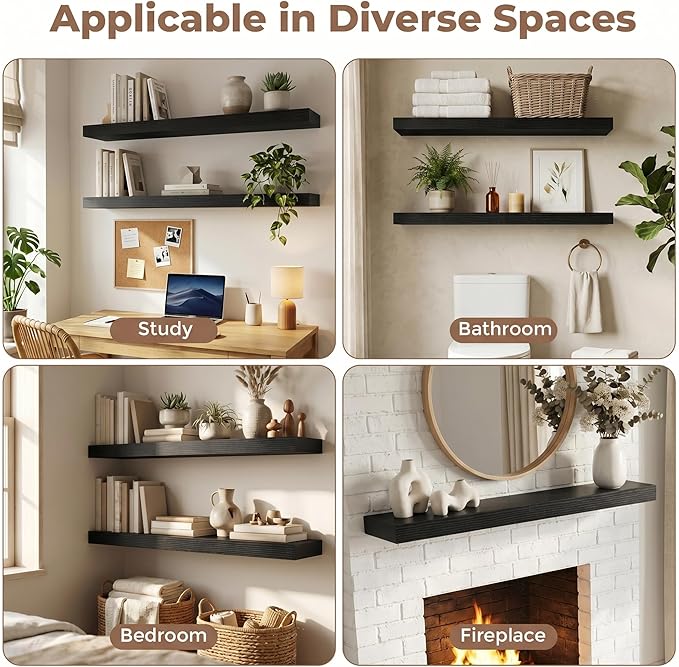 20 Inch Floating Shelves for Wall, 8"D Wood Storage Shelves, Black Finish | Engineered Wood, Invisible Bracket, Large Storage, Easy Install, Hold Up to 33lbs, Living Room, Bathroom, Bedroom, Kitchen
