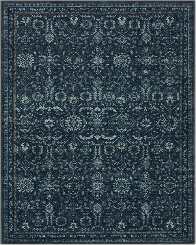 Lahome Navy Blue 8x10 Washable Area Rugs, Dark Blue Living Dining Room Rug | Dark Vintage Thin Stain Resistant Carpets for Bedroom Dorm Home Office