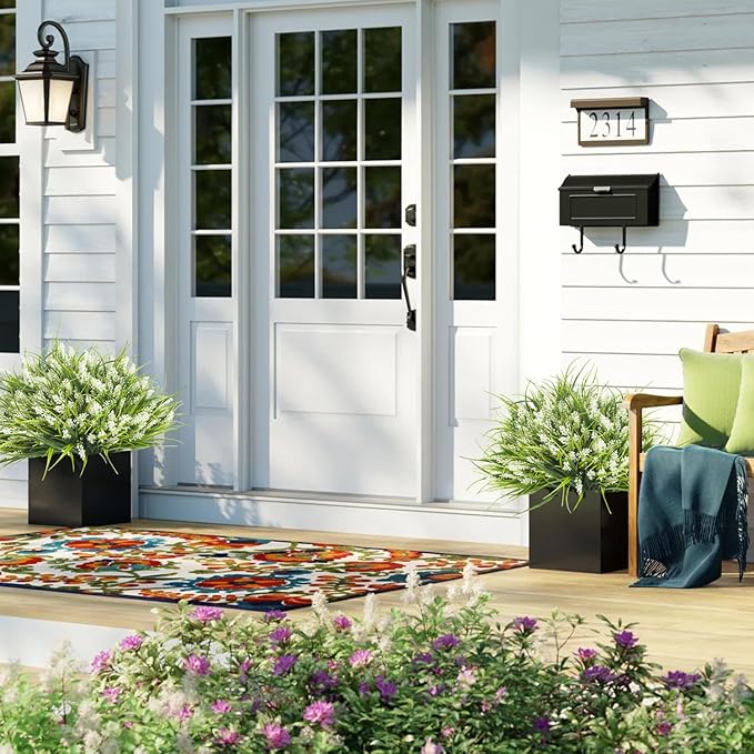 Grunyia 20 Bundles Artificial Plants Outdoor Fake Monkey Grass with Flowers (White)