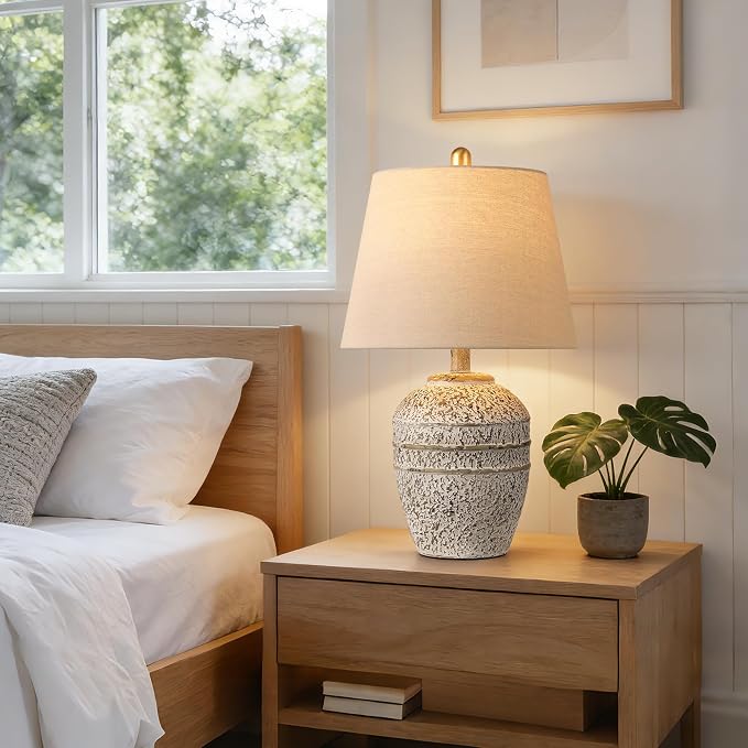 PARTPHONER Rustic Farmhouse Ceramic Table Lamp for Living Room Bedroom, Modern Bedside Lamp with Linen Shade, Natural Distressed Earth Tone Finish Table Lamp for Night Stands, Dining, Office, Grey