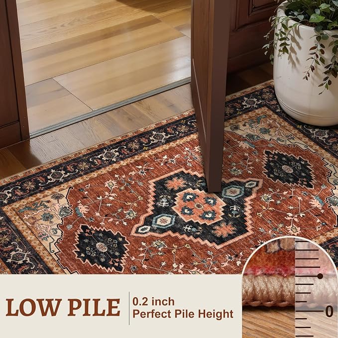 Tangsoo Oriental 2X3 Washable Rugs, Orange Vintage Non Slip Small Area Rug Carpet, Indoor Front Door Rug for Entryway, Door Mat Indoor Entrance Soft Low Pile Throw Rugs for Entry Kitchen Bedroom