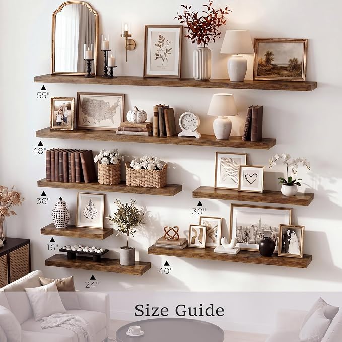 Vivelove Wall Floating Shelves for Display with Invisible Brackets, Long Floating Shelves for Bedroom Bathroom Living Room Kitchen Office, 40”X 8" X 1.4", Set of 2 - Rustic Brown