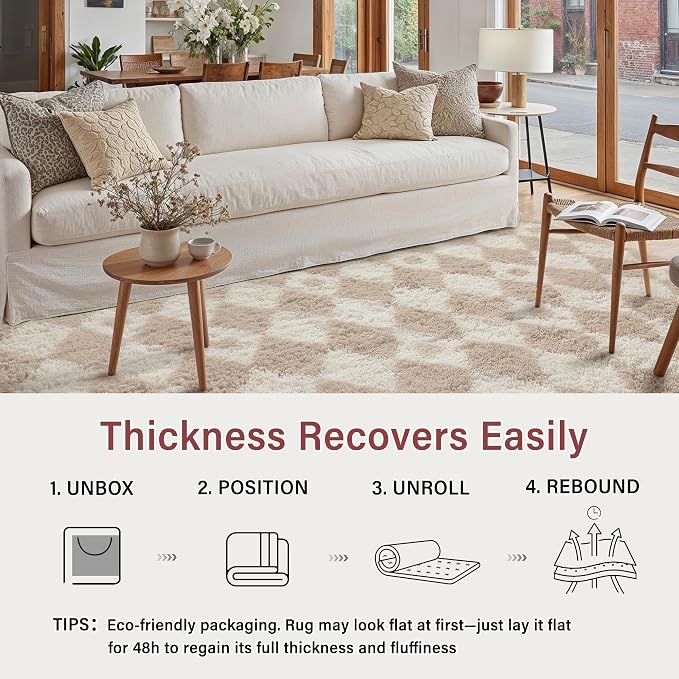 PureCozy Checkered Rug 5x8 Fluffy Shag Living Room Beige Area Rug Modern Washable Carpet Soft Shaggy Non Slip Indoor Plush Fuzzy Rugs for Bedroom Dorm Office Home Aesthetic Decor