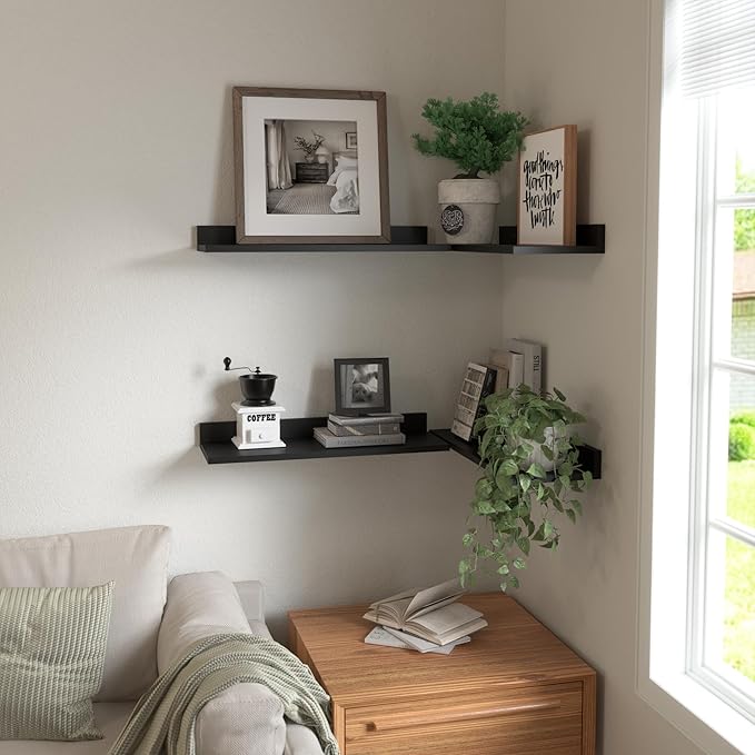 WOPITUES Floating Shelves, Wall Mounted Shelves for Room Decor, Modern Display Shelf for Bedroom, Sturdy Bathroom Storage Shelves, Book Shelves for Living Room, Black Small Corner Shelves, Set of 4