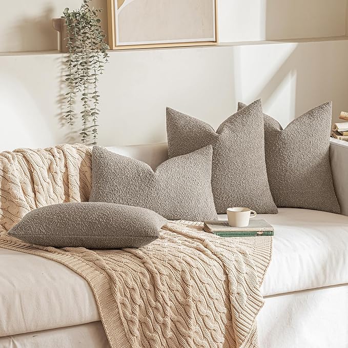 MIULEE 22x22 Inch Decorative Euro Sham Pillow Covers for Couch Bed Set of 2 Textured Boucle Neutral Throw Pillow Covers Light Taupe Accent Solid Pillowcases Sofa Living Room Home Decor