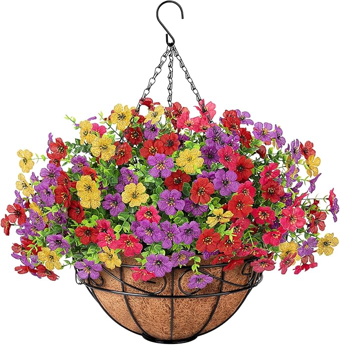 Artificial Fake Hanging Flowers Plants Basket Outdoors, Faux Silk UV Resistant Look Real Daisy Eucalyptus for Spring Summer Garden Porch Home Patio Balcony Yard Decorations, Multicolor