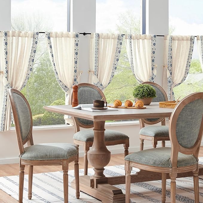 jinchan Small Window Curtains 54 Inch Length Linen Cafe Curtains for Kitchen Bathroom Floral Embroidered Short Drapes Rustic Farmhouse Light Filtering Curtain Set 2 Panels Blue on Beige