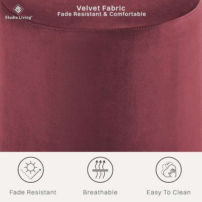 Studio Living® 19” Wentworth Ottoman Round Soft Velvet Bench, Stationary Ottomans, Backless Chair, Footrest for Living Room, Footstool Office, Bedroom, Padded Seat, Plum