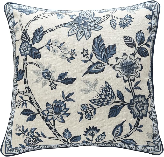 bilin gaier Designer Vintage Linen Throw Pillow Cover,18"x18"-Suqing A | Elegant Square Pillow Cover,Concealed Zipper Design,Blue Floral Pattern,Sofa,Bedroom,Living Room,Lounge Chair