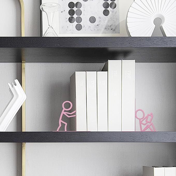 Metal Unique Office Desk Bookends Bookends Decorative Cute Book Ends Reading Decor Bookshelf Decor for Office School Library Bedroom, Book Lovers Gift（Pink）