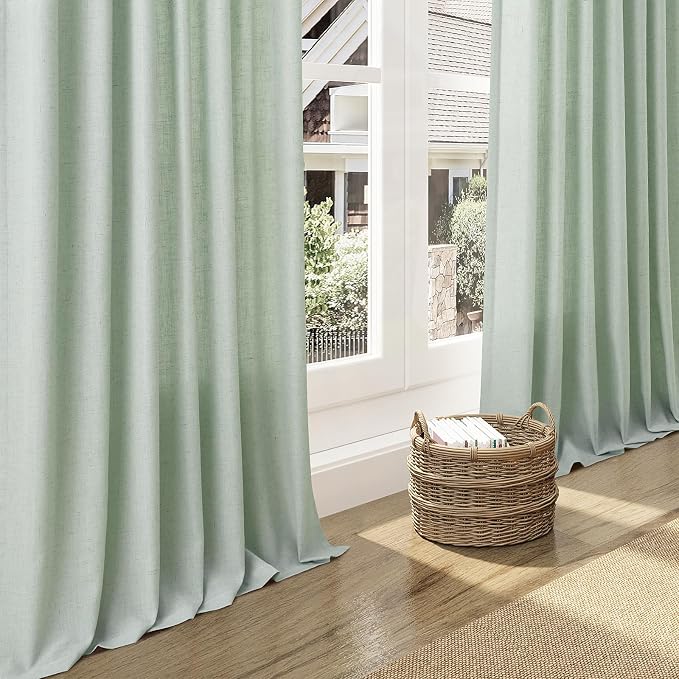 Aqua Green Linen Curtains 63 Inches Long 2 Panel Sets for Living Room Bedroom Rod Pocket Back Tab Light Filtering Drape for Kitchen Window Short Protect Privacy Curtain Modern Farmhouse Decor 52x63