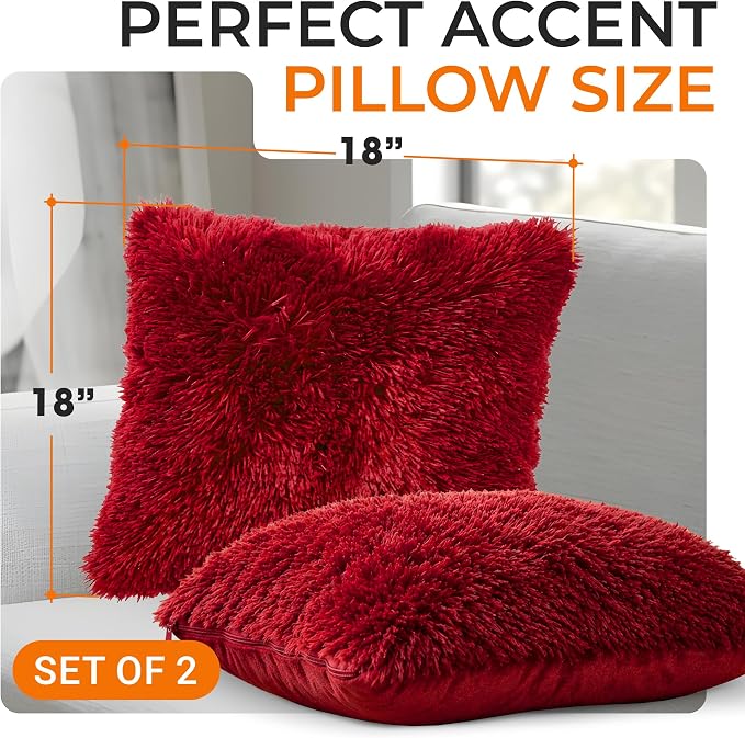Cheer Collection Throw Pillows for Couch and Bed, Soft Shaggy Throw Pillows with Inserts Included, Cozy Long Hair Faux Fur Pillows - Set of 2-18" x 18" - Maroon