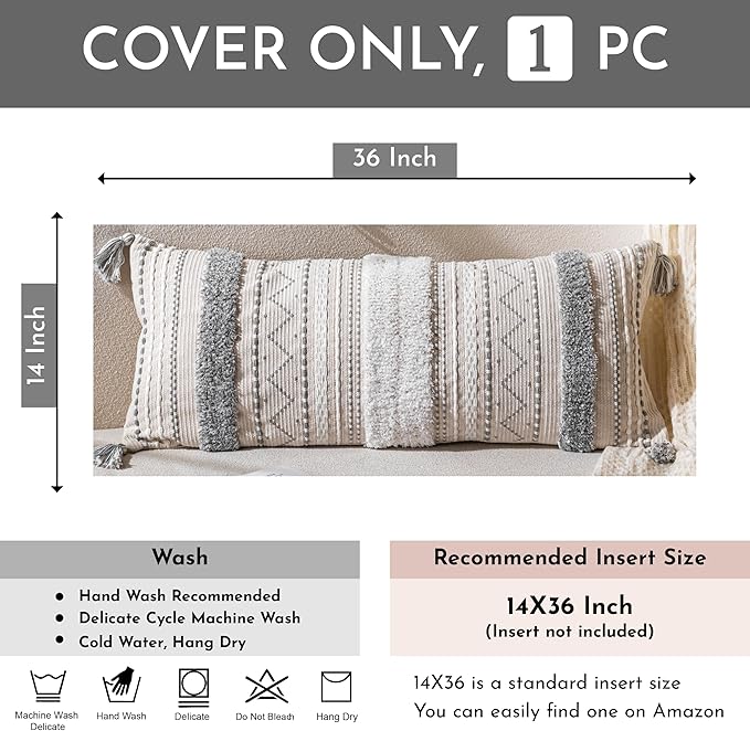 BlissBlush 14x36 Lumbar Pillow Cover for Bed, Rectangular Long Decorative Throw Pillowcase, Boho Accent Cushion with Gray Tufted Pattern and Tassels, Cream Neutral (Cover Only)