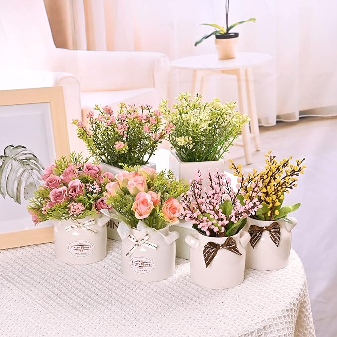 LUEUR 6Pcs Artificial Flowers with Ceramic Pot Fake Flower Arrangements Small Faux Spring Flowers in Vase Spring/Summer Decor, Centerpiece Table Decorations for Easter Home Office Shelf
