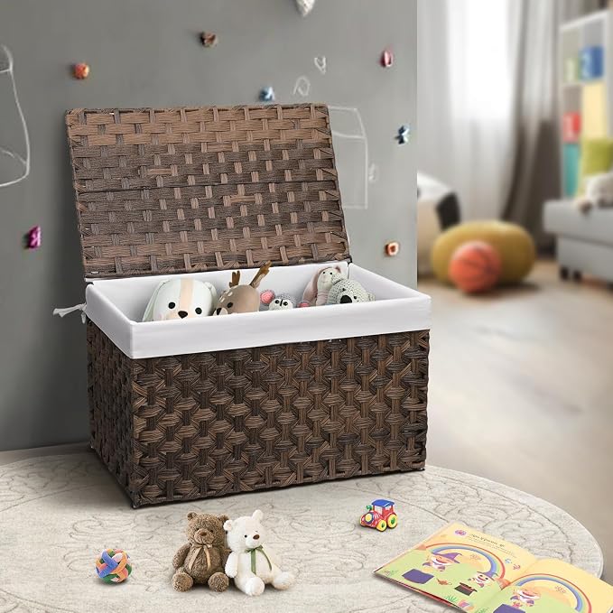 Wicker Storage Basket with Lid, 52.8 Gallon (200L) Large Blanket Basket with Lid, Woven Storage Bin with Handles, Removable Liner, Metal Frame, Foldable, for Bedroom, Laundry Room, Brown