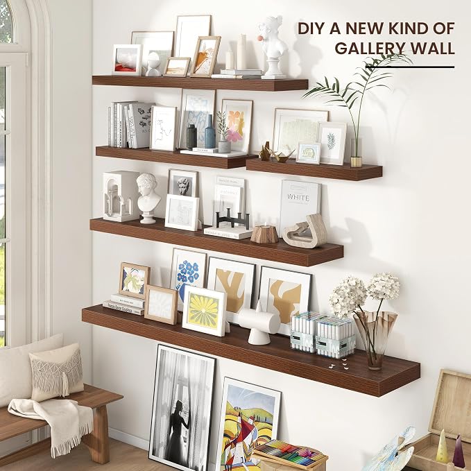 55" Wide x 10" Deep Floating Shelves for Wall, Walnut Finish, 1-Pack | Engineered Wood Wall Shelves with Invisible Brackets for Living Room, Bedroom, Bathroom, Office & Kitchen Storage