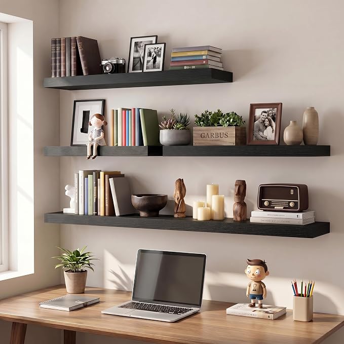 Vivelove Black Floating Shelves for Wall with Invisible Brackets, 30 Inch Floating Shelves for Kitchen Bedroom Bathroom Living Room Kitchen Office, 30”X 8" X 1.4", Set of 2 - Black