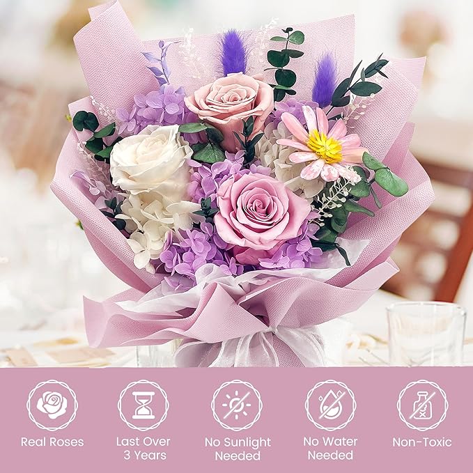 QOEAZY Flowers for Delivery, Preserved Flowers Bouquet with Gift Box, Rose Gifts for Women Mom Grandma