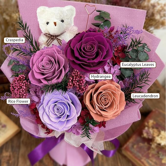 Preserved Flowers Bouquet with Bear&Photo Clip,Last 1-3 Years,4 Real Roses,Flowers for Delivery Prime,Valentine,Mother's day,Anniversary,Birthday Gifts for Grandma Mom Wife Daughter Women Her,Purple