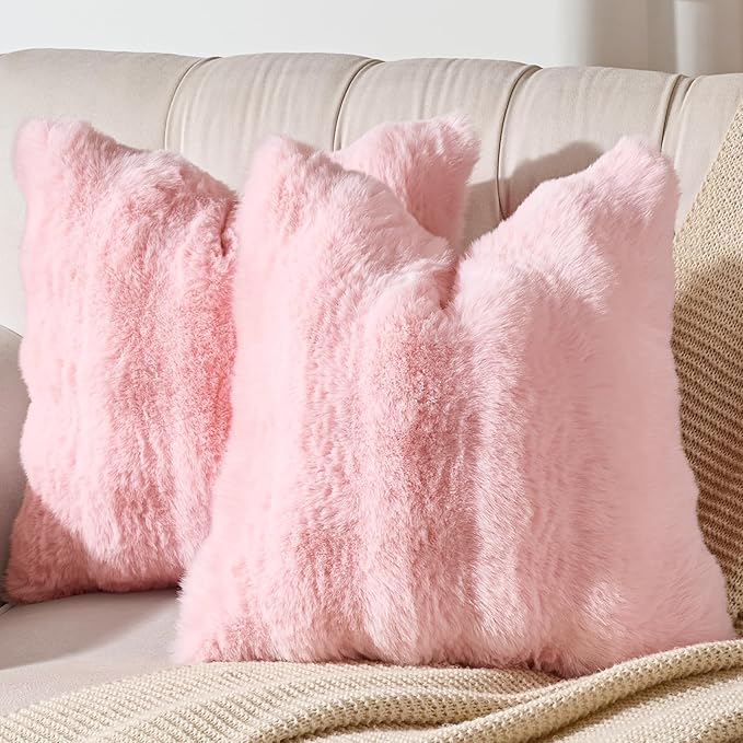 AmHoo Pack of 2 Throw Pillow Covers 3D Dense Faux Rabbit Fur Cozy Super Soft Fuzzy Set Case Cushion for Couch Sofa Bedroom 18 x 18-Inch Pink