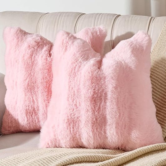 AmHoo Pack of 2 Throw Pillow Covers 3D Dense Faux Rabbit Fur Cozy Super Soft Fuzzy Set Case Cushion for Couch Sofa Bedroom 18 x 18-Inch Pink