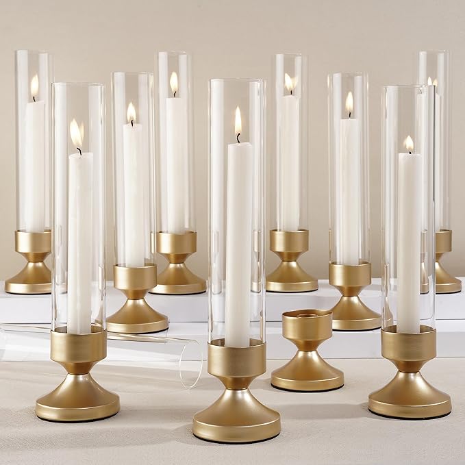 Hurricane Glass Candle Holders, Set of 10 Metal Taper Candlesrick Holders for Centerpieces Tall Gold Candle Stands Bulk with Glass Cylinder for Wedding Birthday Party Table Decor
