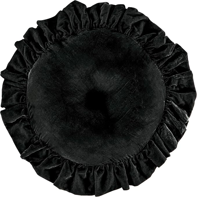 HiEnd Accents Stella Faux Silk Velvet Round Ruffled Pillow, Black, Romantic Western Modern Traditional Style Luxury Bedding, Decorative Throw Pillow