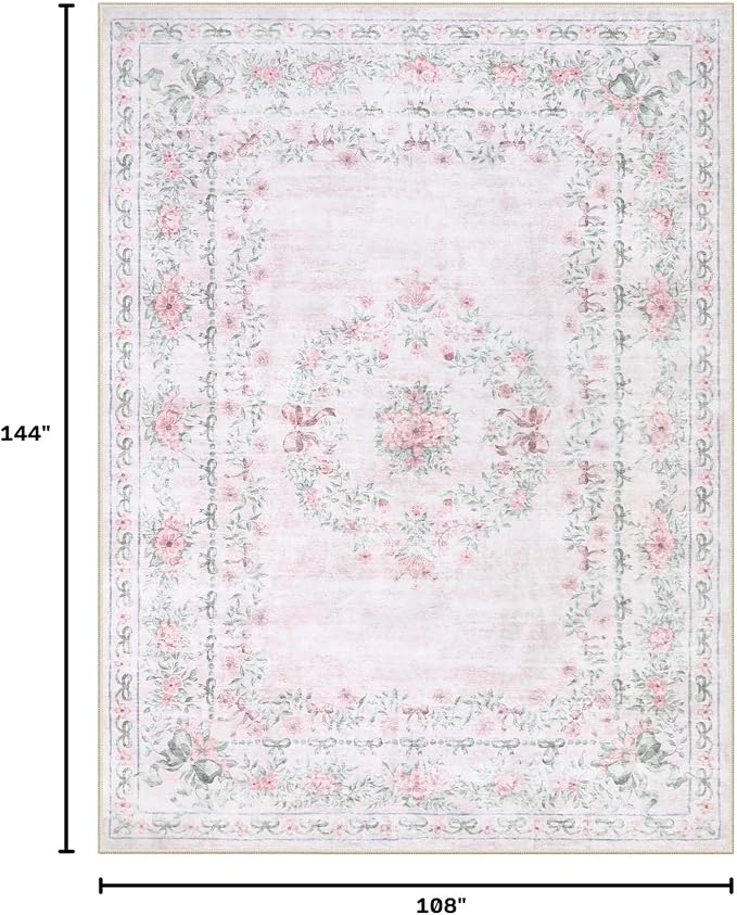 Wonnitar Washable 9x12 Area Rugs, Ultra-Thin Large Area Rug for Living Room, Pink Soft Non Slip Boho Floral Bow Apartment Decor Carpet for Big Bedroom Playroom Nursery Office, Light Pink