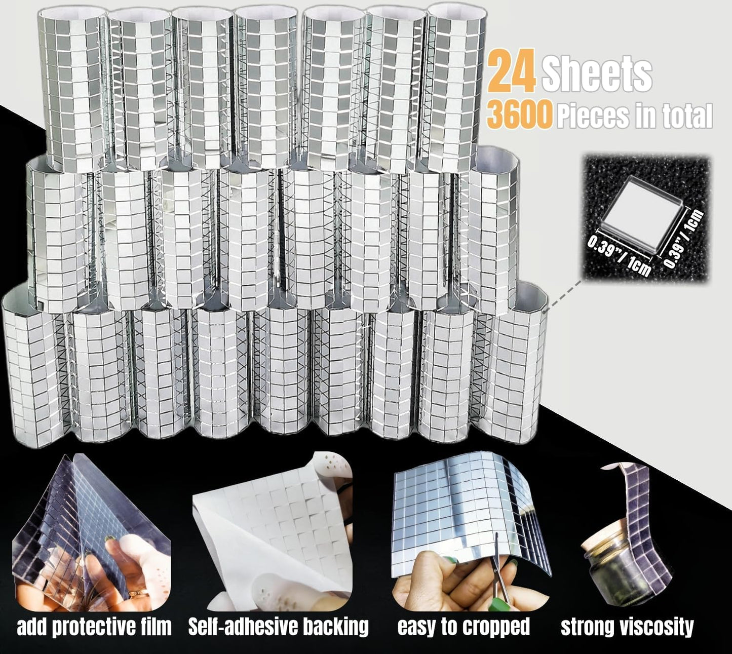 Self Adhesive Disco Mirror Tiles Kit-3600PCS 10x10 mm Glass Mosaic Mirror Tiles for Crafts - Disco Ball Decor,DIY Cowboy Hat,Mirror Frame Border and Art Collage,Unique DIY Gift