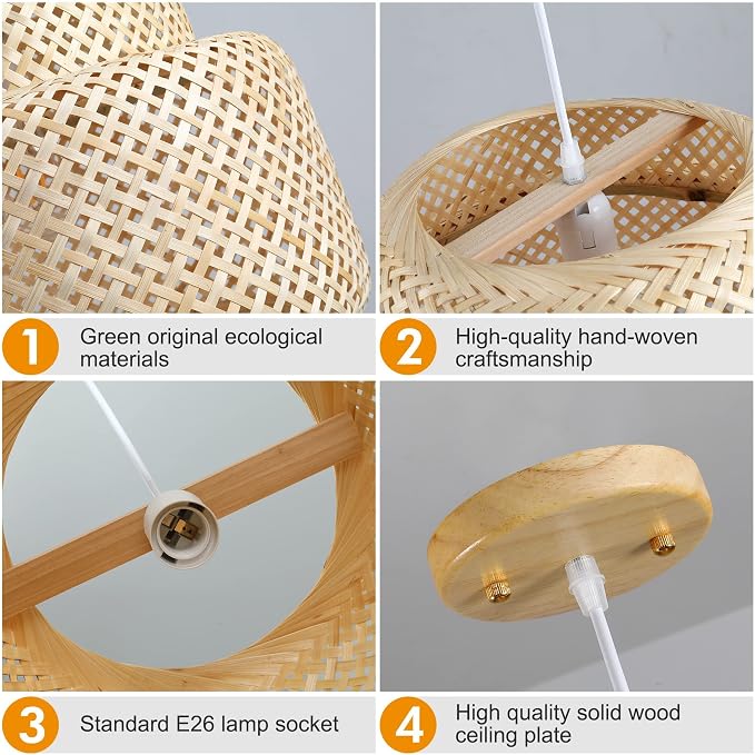 Bamboo Pendant Light - Boho Basket Chandelier Handmade Woven Pendant Light, Natural Wicker Rattan Hanging Chandelier for Kitchen Island Dining Room Living Room Porch