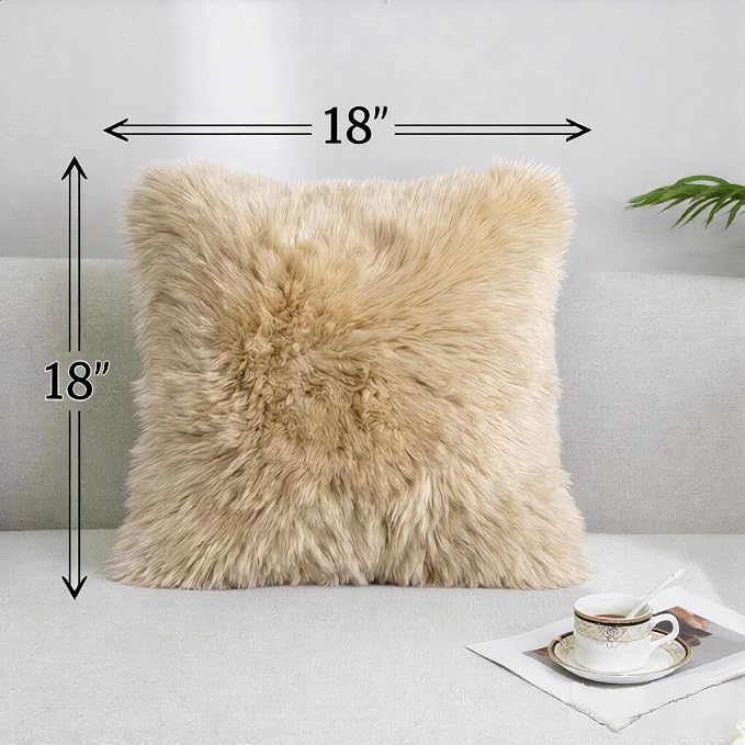 Luxury Soft Fur Sheepskin Fleece Cushion Cover Pillowcase Decorative Throw Pillows Covers, No Pillow Insert, 1pc (Khaki Camel, 18"×18")