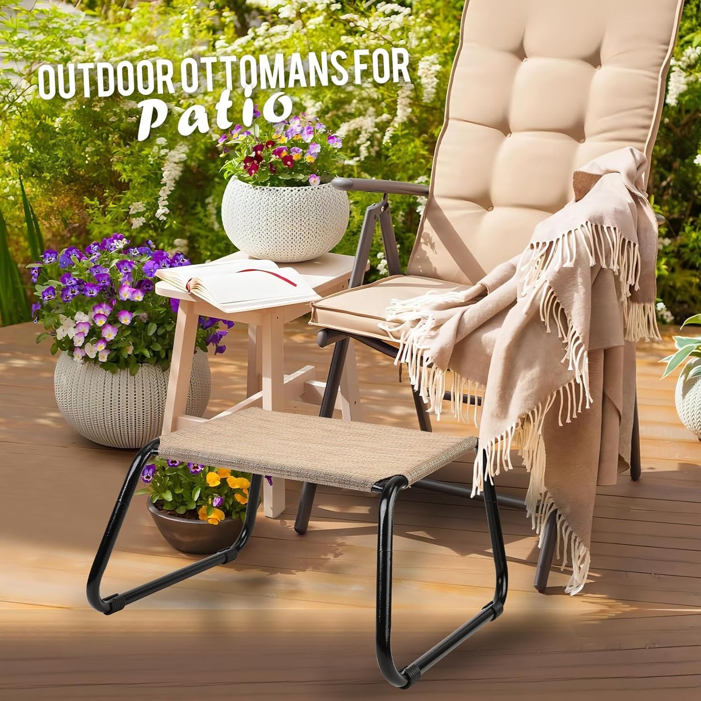 Outdoor Footstools for Patio,Backyard Patio Furniture Metal Frame Small Seat All Weather Footrest for Couch Patio Chairs 2 Pieces Beige