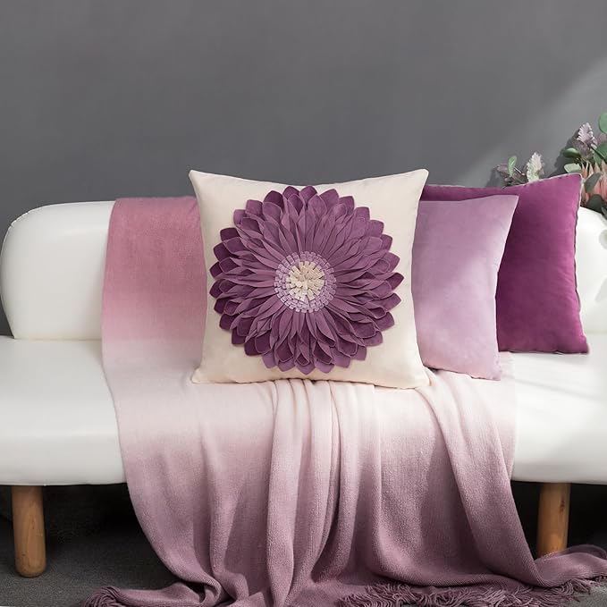 OiseauVoler Decorative Throw Pillow Covers 18x18 Inches 3D Flower Cushion Cases Handmade Square Pillowcases for Couch Bed Living Room Home Decor Purple