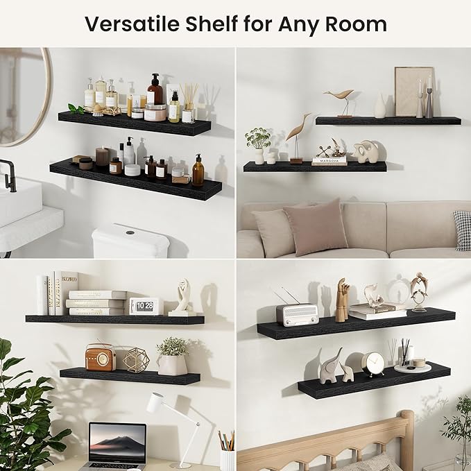 Fun Memories Floating Shelves for Wall, Rustic Wood Wall Mounted Shelves for Bathroom, Bedroom, Living Room & Kitchen, Storage Display Shelves, (Set of 4, Black, 8 in)