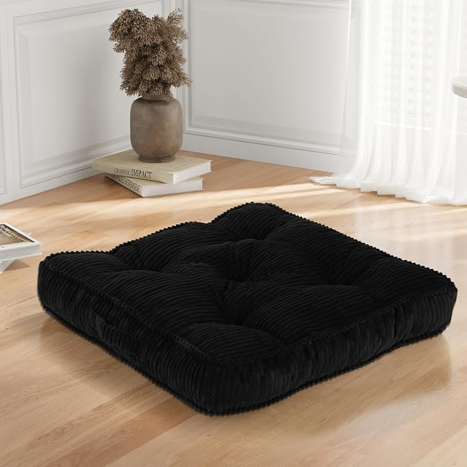 Meditation Floor Cushion, 24x24 Tufted Floor Pillow for Adults, Square Large Meditation Cushion Pillow, Black Corduroy Sitting with Handle, Yoga Seating for Tatami, 1Pack