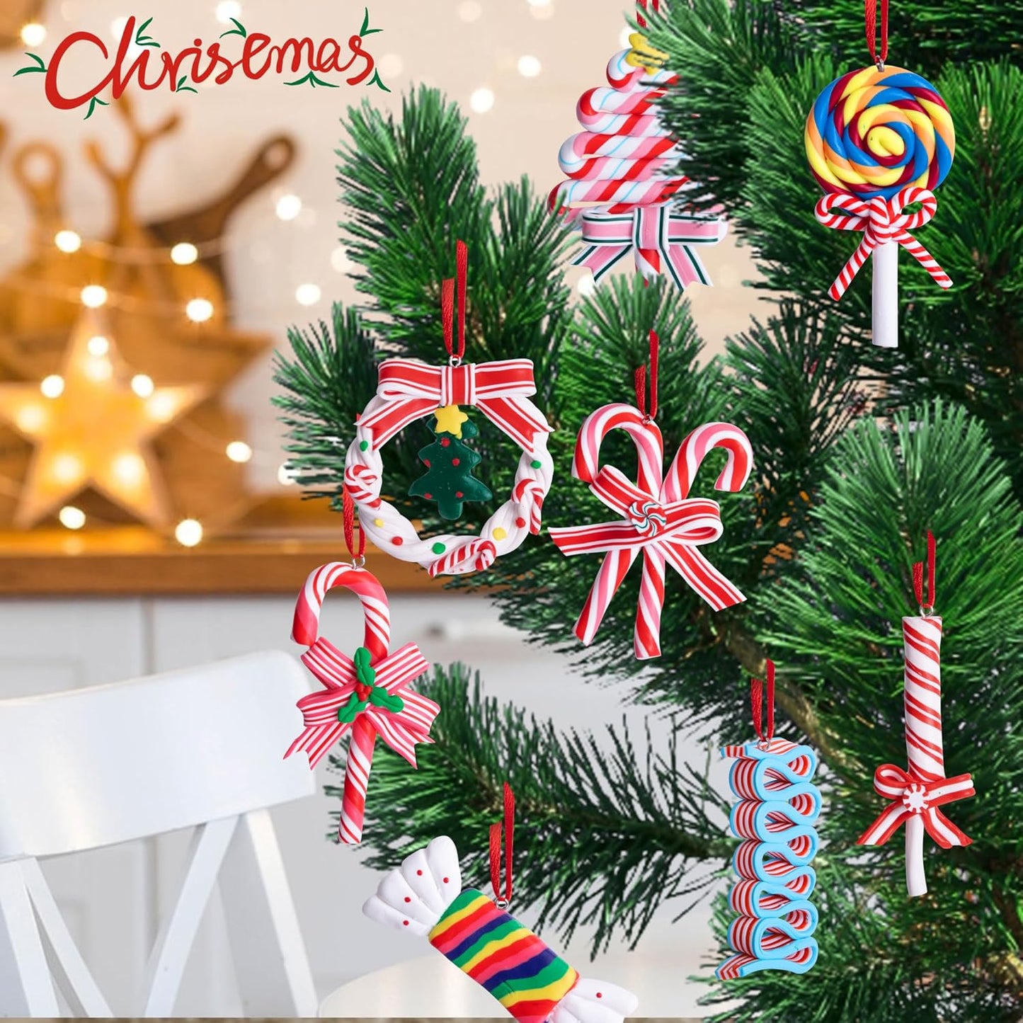 codree 8 Pcs Christmas Lollipop Ornaments - Polymer Clay Christmas Candies - Xmas Decor Candy Cane Hanging Tree Ornaments for Party Home Decoration