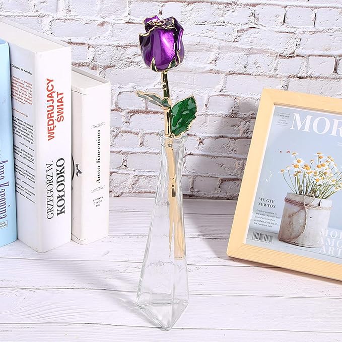 Ejoyous 24k Gold Dipped Rose Forever Preserved Long Stem Rose Flower for Wife Mother Girlfriend Her Birthday Christmas Day Valentine's Day Anniversary, Rose with Stand