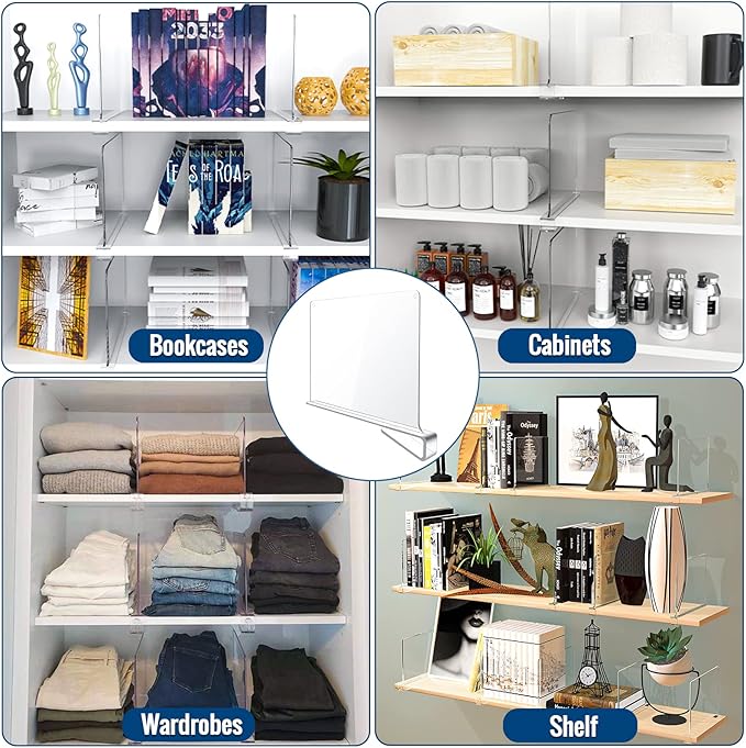 BAUMFEUER 6 Pack Clear Acrylic Shelf Dividers for Closet Shelf Organizer of Bedroom Kitchen Office Bathroom Organizer for Clothes Books Hats and Handbags