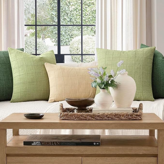 Foindtower Set of 2 Decorative Linen Check Throw Pillow Covers Neutral Farmhouse Lumbar Cushion Covers Modern Boho Accent Home Decor for Sofa Chair Couch Bedroom Living Room,12×20 Inch,Light Green