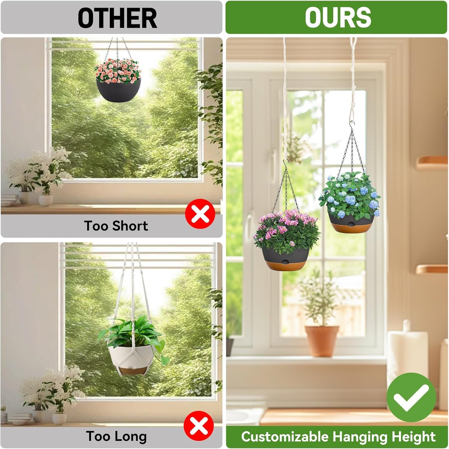 8 Inch Hanging Planters for Indoor & Outdoor Plants (2 Pack) - Self-Watering & Drainage Flower Pots with 2 Kinds of Plant Hangers for Home Decor & Garden (Deep Gray, 8 in)