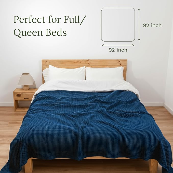 Blue Queen Size Waffle Weave Blanket - 100% Cotton, Soft and Cozy, Lightweight, Breathable and Perfect for Year-Round Comfort - Fits Queen and Full Bed (Blue - Queen/Full)