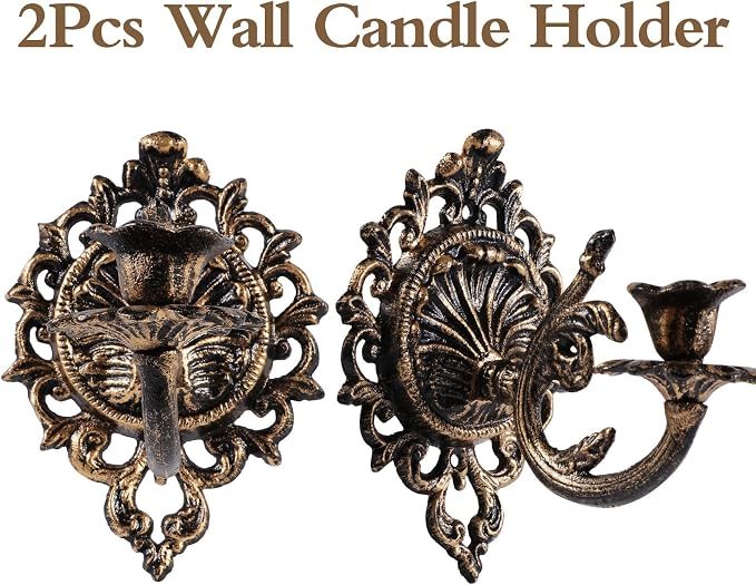 Polifish Antique Gold Wall Candle Holder Set of 2, Vintage Taper Candle Wall Sconce, Cast Iron Candlestick Holders Decor for Living Room, Fireplace and Yard Channel